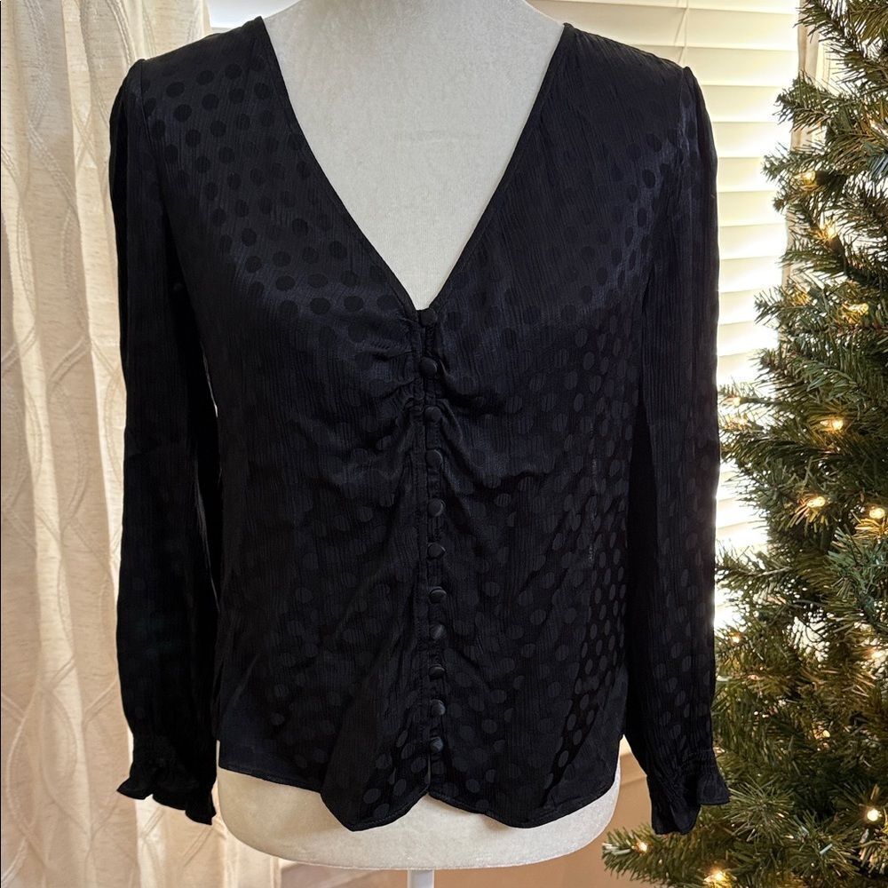 Madewell Textured Dot Button Front Blouse Black V-Neck Long Sleeve Size 2
